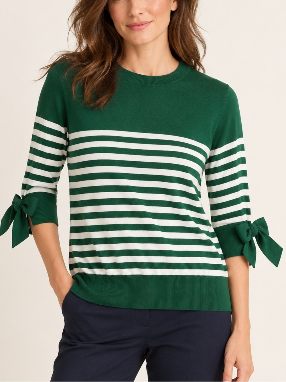 Ann Mashburn Green White Striped Sweater Bow Sleeves Women’s Sz. M
